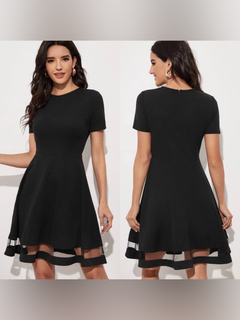 New Black Short Sleeve Fit-and-Flare Dress with Sheer Hem